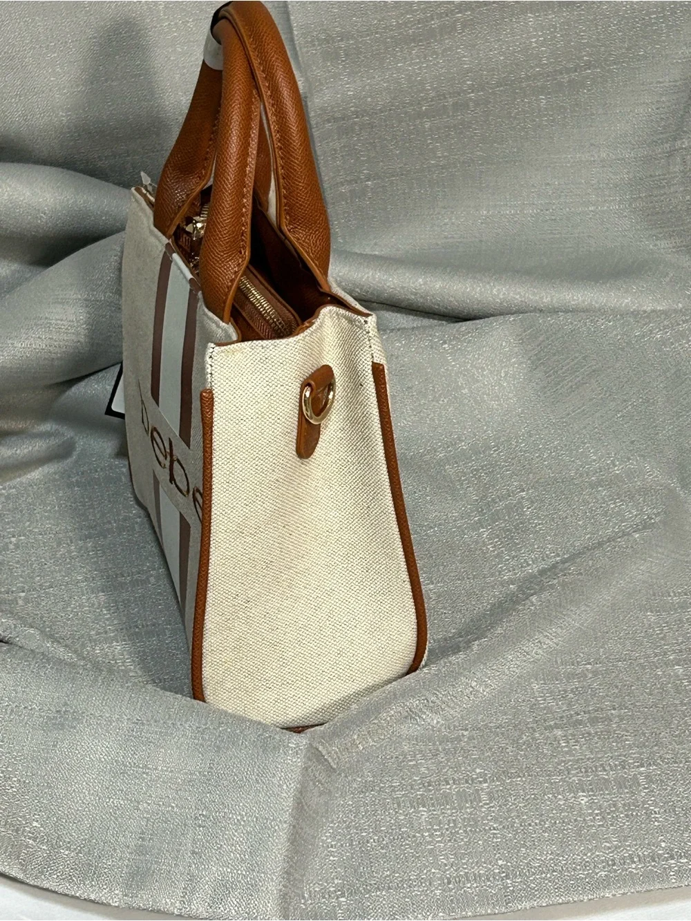 bebe Paisley Mini Canvas Satchel Crossbody Caramel/Cream & Tan with Tan Trim